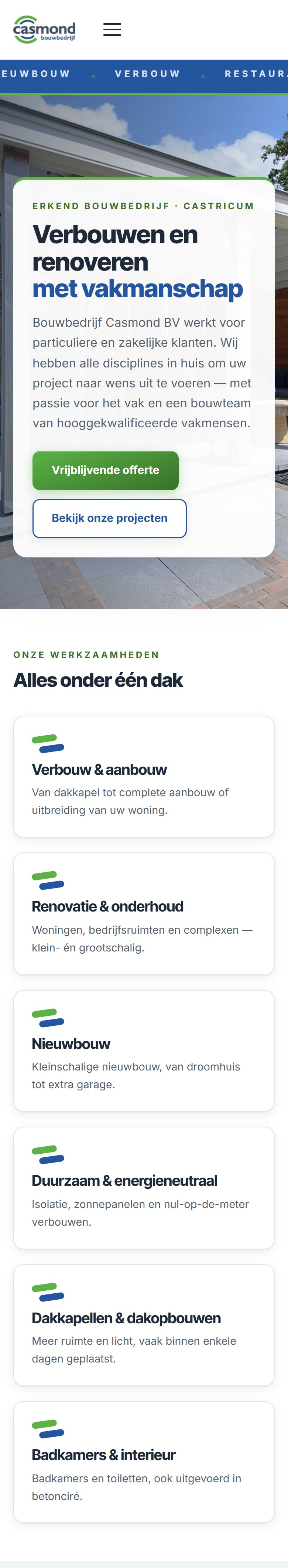 Website Casmond, echte mobiele weergave